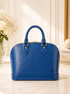 Authentic Louis Vuitton Alma PM Epi Leather Blue Handbag Satchel Bag